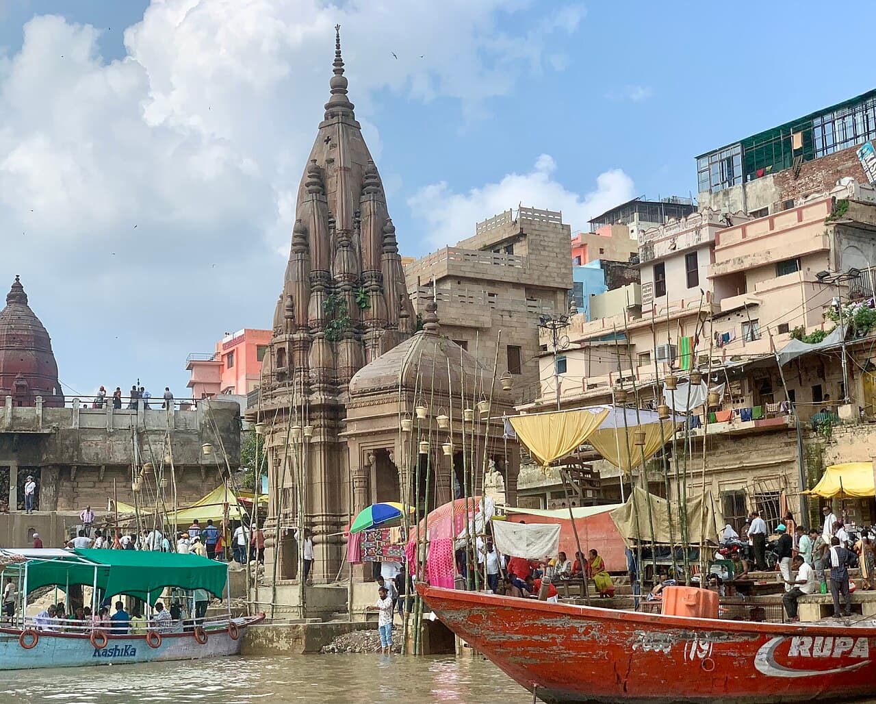 Manikarnika Ghat architecture and stone steps in Varanasi